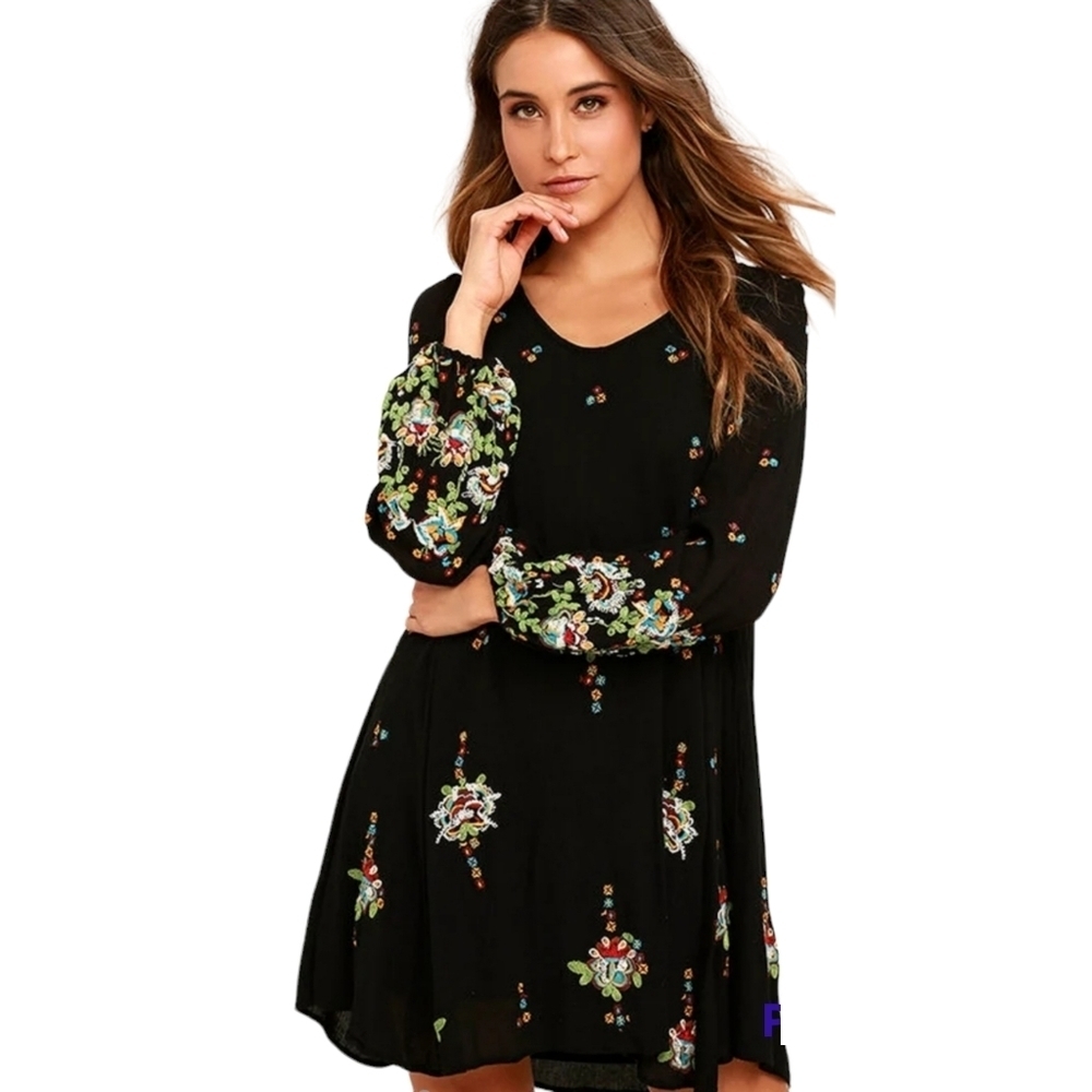 Free People Oxford Black Embroidered Swing Embroidered Floral Open Back